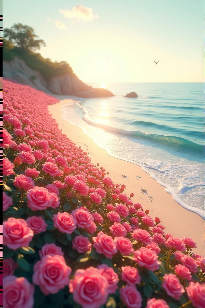 Create for me an image of the sea with the beach full of roses