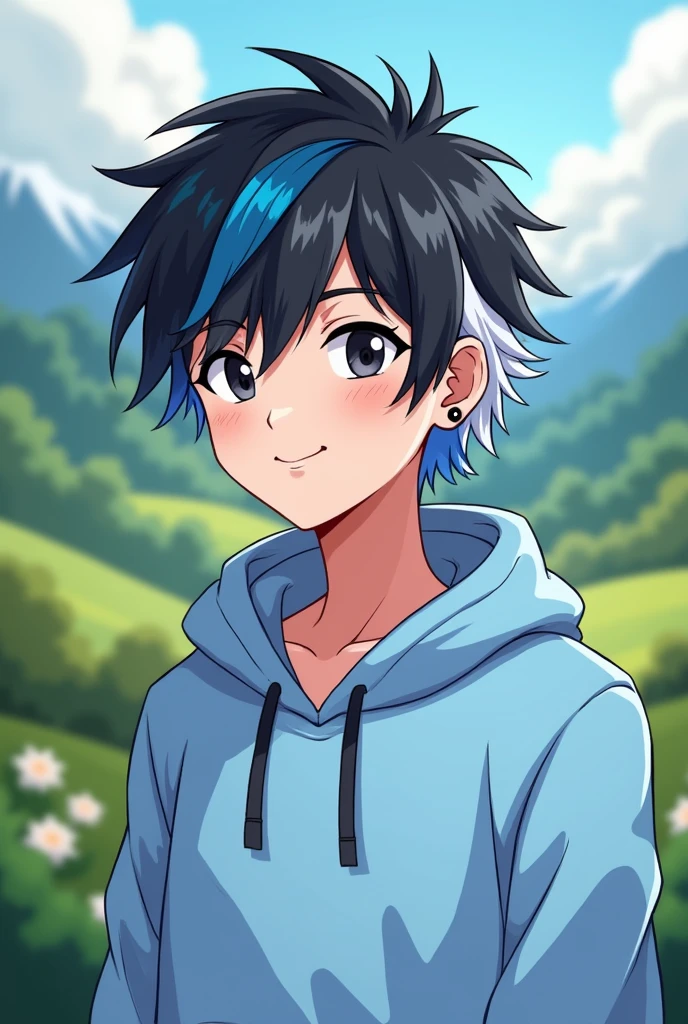 A discord profile picture of a man with black hair with a white and blue streak and a light blue hoodie with black eyes with a hood with low fade hair with a cartoon style valley background with a smile and with his eyes closed and a blue streak and a medium white streak with a black earring Male