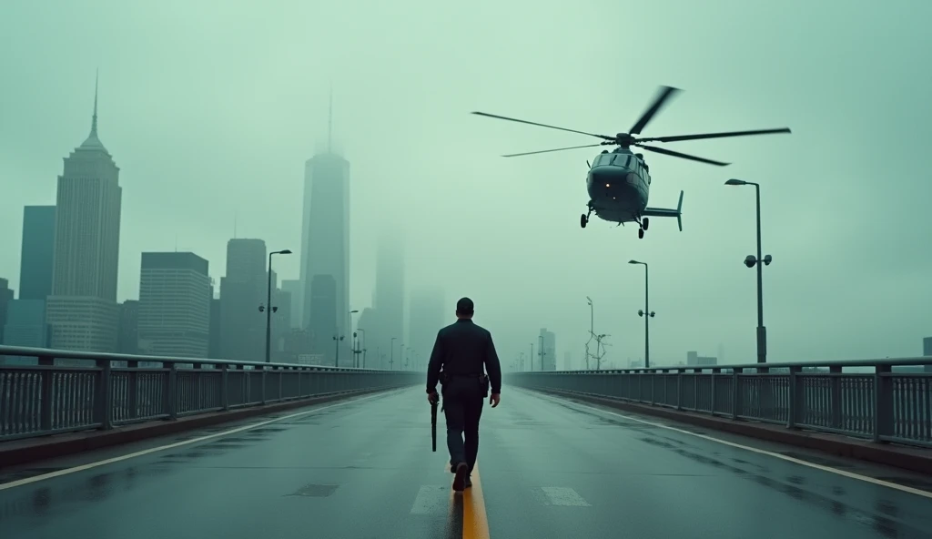 In a spectacular 35mm film shot, A policeman cautiously crosses a wide bridge in the heart of a big city. His firearm is held tight as he moves with determination.. The imposing horizon can be seen in the background, partially obscured by low clouds on a cloudy and gloomy day. suddenly, A helicopter appears roaring and flies dangerously close to the police officer, with the rotor blades cutting through the air at intense speed. The tension in the scene is palpable., as the policeman briefly looks up and the camera captures the moment with a dynamic and wide movement.