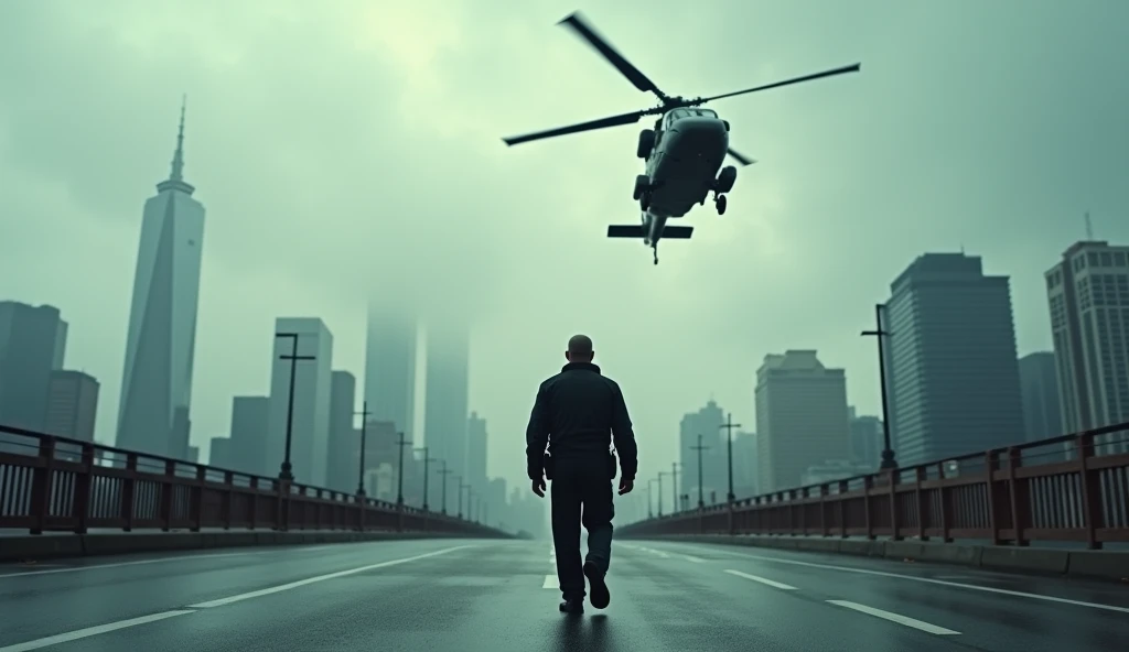 In a spectacular 35mm film shot, A policeman cautiously crosses a wide bridge in the heart of a big city. His firearm is held tight as he moves with determination.. The imposing horizon can be seen in the background, partially obscured by low clouds on a cloudy and gloomy day. suddenly, A helicopter appears roaring and flies dangerously close to the police officer, with the rotor blades cutting through the air at intense speed. The tension in the scene is palpable., as the policeman briefly looks up and the camera captures the moment with a dynamic and wide movement.