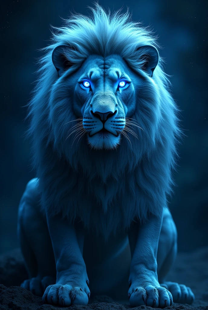 Lion whose eyes shine blue, similar to a nebula in space in the dark
