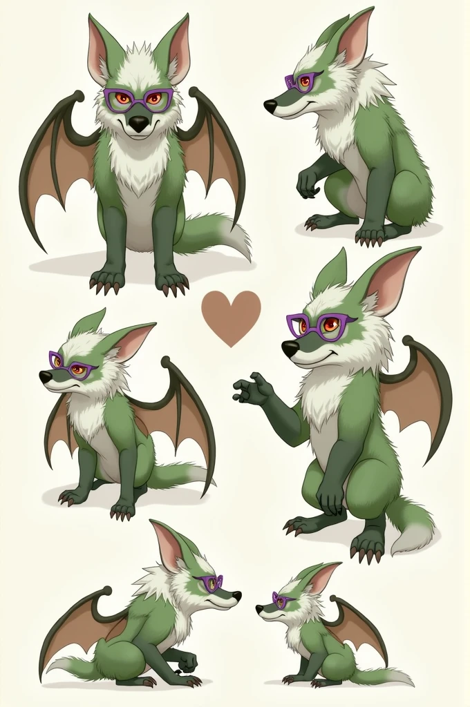 Make a reference sheet of a hyena and a furry bat where the bat predominates more, that its fur is white and green and that it has wings on its forearms, His eye color is red and he wears small purple glasses and his face is a bit like a joker.