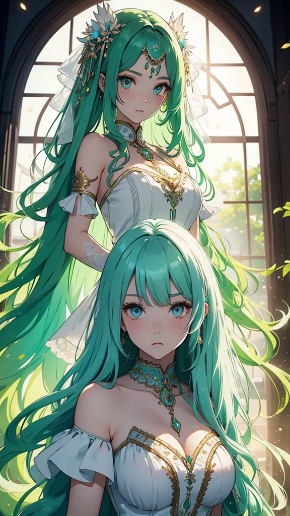women, eleven, mystical aura, green hair with gradient to white, straight hair,  Collect,  brown and white dress , Eastern and Western style ruffled dress, bicolor eyes, ethereal poses, Goddess 