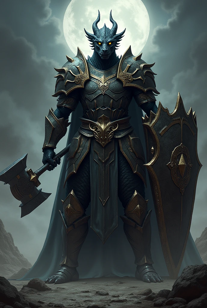 A DARK BLACK DRAGONBORN PALADIN WITH YELLOW EYES, WEARING FULL SCALE ARMOR AND WITH A WAR HAMMER IN HIS MAIN HAND AND SHIELD IN HIS OTHER HAND.