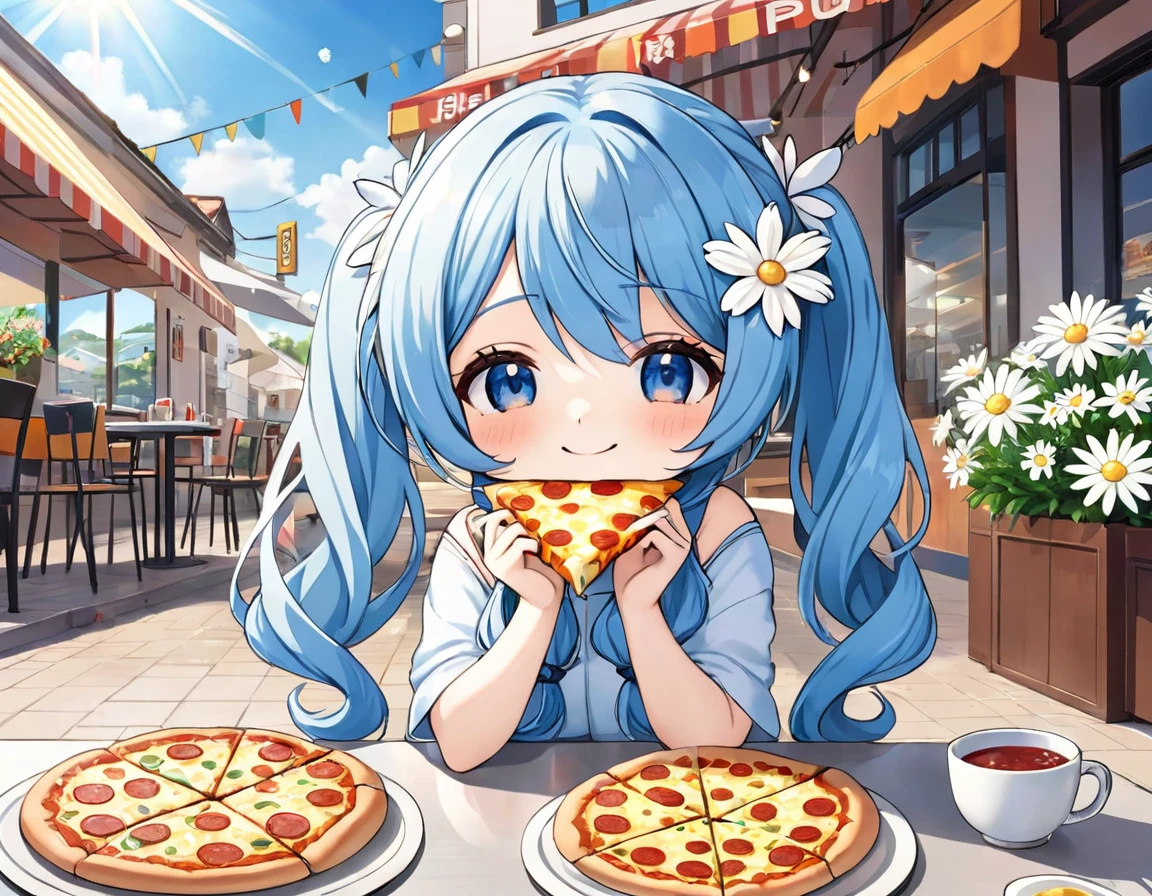 Light blue long hair、Cute chibi character with twin tails、Eating a big pizza、A deliciously beautiful smile、Cheese is smeared all over his cheeks.、A bright cafe with lots of sunlight、A lot of white daisies are displayed、My dog is with me