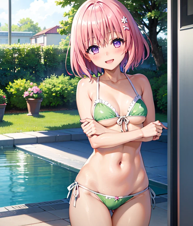 (Highest quality), (masterpiece), high resolution, Portraiture, close,Beach、Tiny Micro Bikini
, momo velia deviluke, Sexy Pose、hair ornaments, Bobcut, Short Hair Pink Hair, Purple eyes, Big Breasts, , , (blush:1.2), smile,smile、Open your mouth