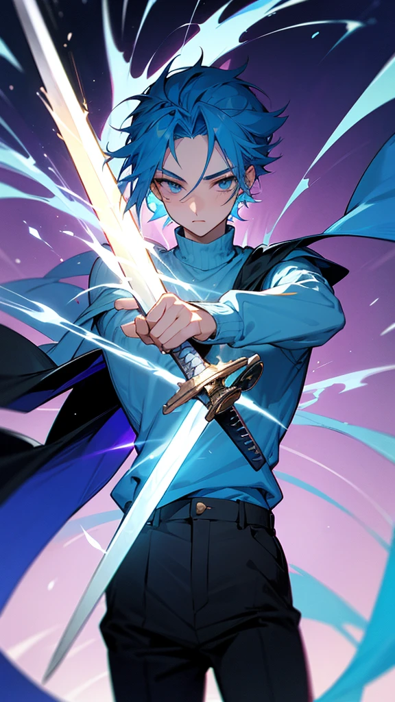 26 year old boy who uses magic to make many swords appear, She has sky blue hair, blue sweater black pants, and a band on the forehead