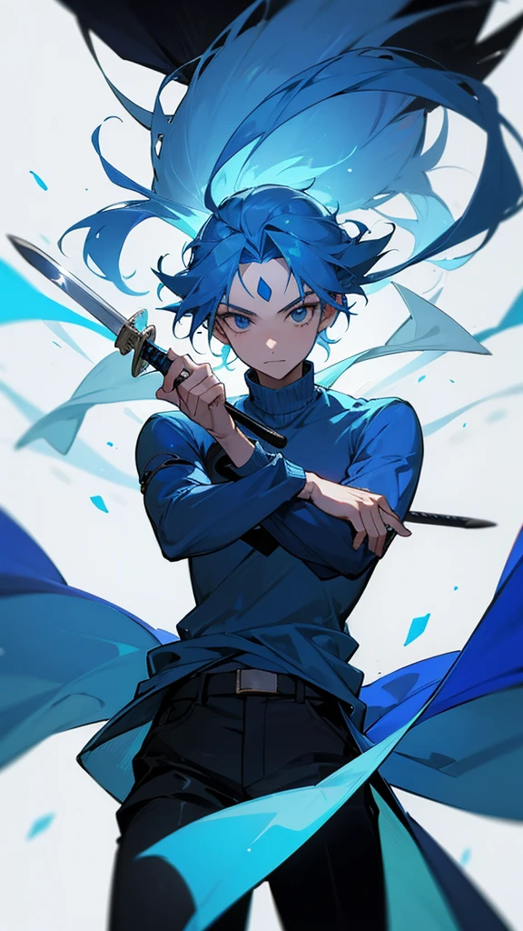 26 year old boy who uses magic to make many swords appear, She has sky blue hair, blue sweater black pants, and a band on the forehead 
