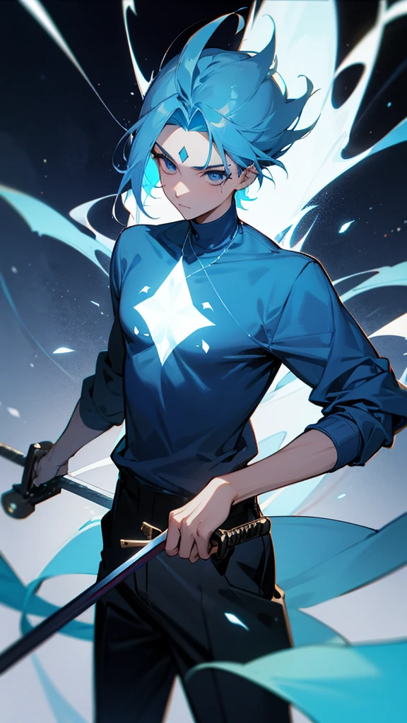 26 year old boy who uses magic to make many swords appear, She has sky blue hair, blue sweater black pants, and a band on the forehead 
