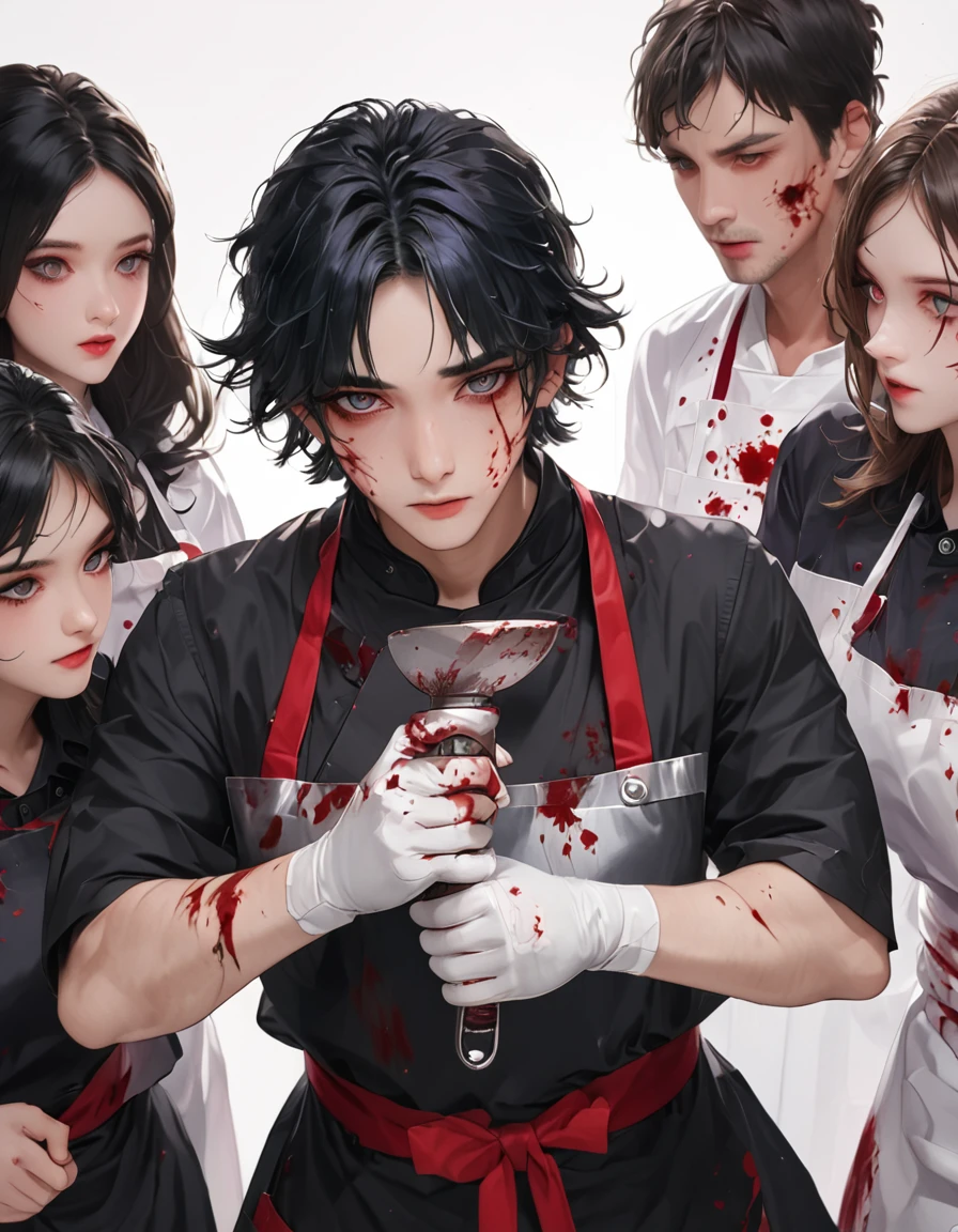 Boy with messy black hair, purple highlights, shiny black eyes, long eyelashes, bruises and wounds on face and hands, moderately fit, plasters on face, blood-stained apron, butcher uniform, cute boy, sleepy expression , slightly blushing, hands in transparent butcher gloves, look from above, heart-shaped pupils, "innocent" look, in love, serial killer butcher,being cornered