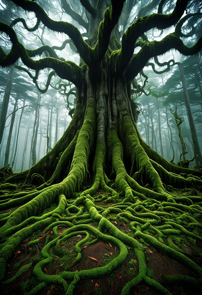 Highest quality, masterpiece, High resolution, landscape、Fantasy、(A forest ruled by a giant demonic tree)、Not popular、Foliage、moss、Swamp、fog、Negative、Wood Grain Tentacles、Root Tentacle、Fallen leaves、The trunk looks like one giant face、