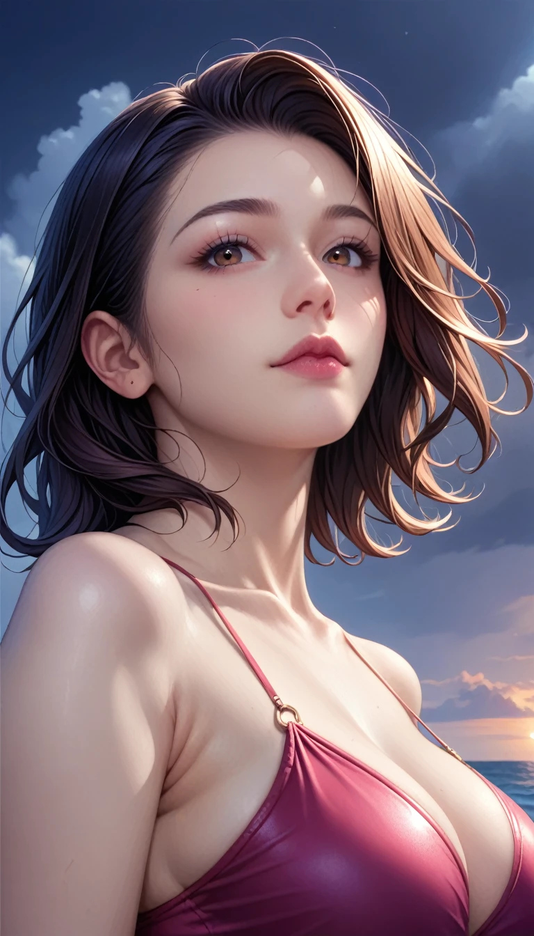 score_9, score_8_superior, score_7_superior, High resolution 3D anime style,A masterpiece in 32K resolution,Highest quality,it is really amazing,Very detailed,Ultra-high resolution,Ultra-realistic,Realistic,Increased depth of field,Cinematic lighting,
(???? mature Japan woman:1.2),
(black straight medium hair:1.1),(Ultra-detailed and beautiful face:1.1),(Calm and gentle look:1.1),Beautiful brown eyes,Translucent white skin,Realistic skin texture,Great proportions,
Elegant swimwear,
Summery design,Chic color scheme,Beautiful and delicate decoration,Detailed fabric texture,
(Dark overcast sky on a dull night:1.1),(Dark clouds filling the sky:1),(Thundercloud:1),Coastline at night,Stormy seas,(delay々A desolate sandy beach that continues:1),
Beautiful back view,Low - Angle,