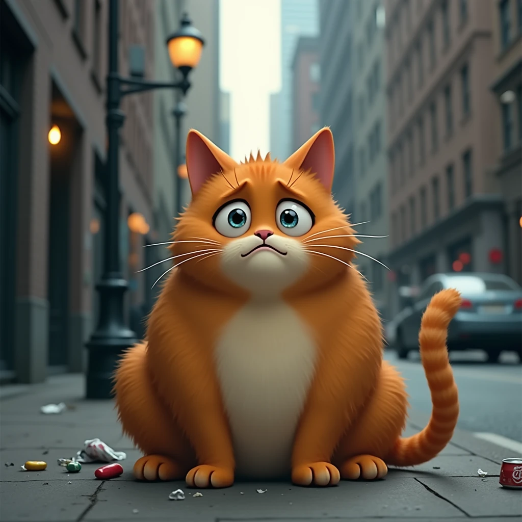 Fat orange cat crying on the street