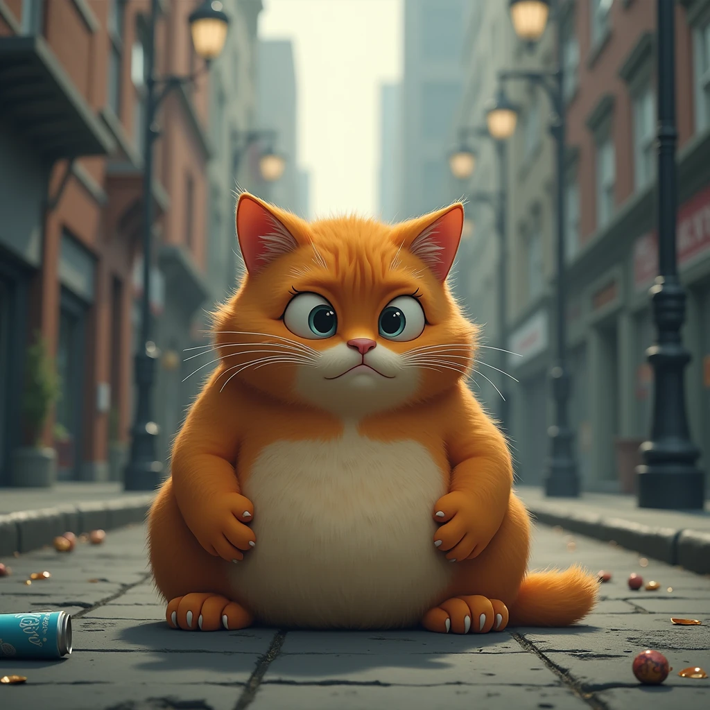 Fat orange cat crying on the street 
