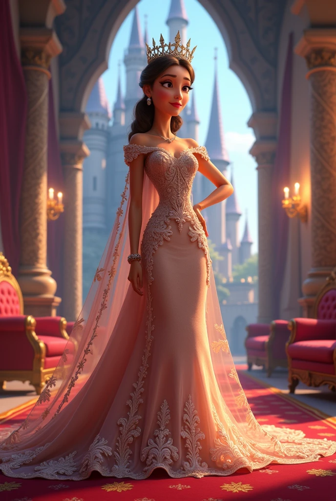 Pixar drawing of a queen in a magical and famous fairy tale castle