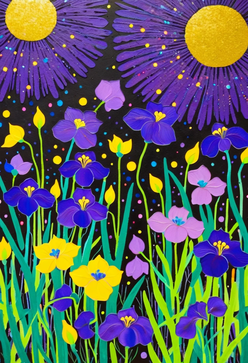 A painting，Inspired by Yayoi Kusama：(((Colorful black，Chalk painting，Oil stick painting，Volume，Thick coating，Uneven texture，Plaster texture，Graffiti，Dot)))。Colorful black，((（iris）)), Cloisonné enamel，Cloisonne，Bright colors, Purple和, cute的, Bright colors，cute, Lavender Color and Color Schemes, 和Purple的配色方案,  Beautiful Art,  Purple, Whimsical Art, 和Purple色调, Lime and Violet, Close together,, spring, Inspired by Tomokazu Matsuyama, Delightful