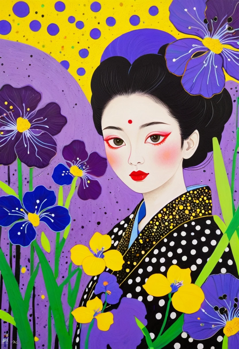 A painting,Inspired by Yayoi Kusama:(((Colorful black,Chalk painting,Oil stick painting,Volume,Thick coating,Uneven texture,Plaster texture,Graffiti,Dot)))。Colorful black,(((iris))), Cloisonné enamel,Cloisonne,Bright colors, Purple和, cute的, Bright colors,cute, Lavender Color and Color Schemes, 和Purple的配色方案, Beautiful Art, Purple, Whimsical Art, 和Purple色调, Lime and Violet, Close together,, spring, Inspired by Tomokazu Matsuyama, Delightful