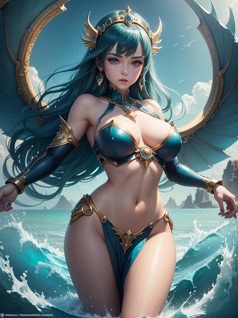 Master piece, best quality, graphics, colors and textures, ultra detailed, mechanical siren girl, precious face and body, big breast in an Atlantis aquatic scenario