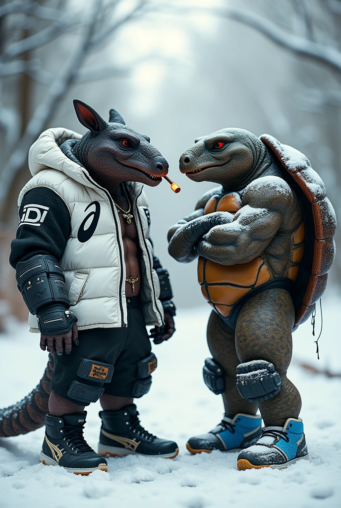 An armadillo with black scale-textured skin wearing black running shoes, in gangster style with a lit pipe in his mouth and a white snowboard jacket with a dragon symbol. Beside him a turtle with blue running shoes. The two are standing with their arms crossed in the snow. The armadillo and the turtle are around 2 meters tall and the sneakers are from ASICS.. They're muscular.