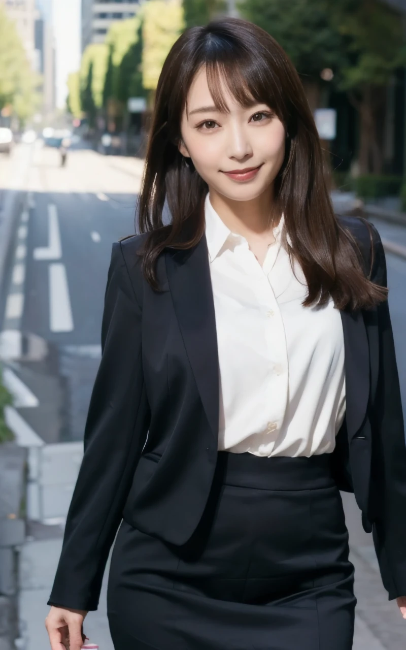 Woman in a suit standing on the sidewalk,((20-year-old woman))、small Breasts、Dark brown hair color、Hairstyle with bangs、Various hairstyles、Hairstyles of different lengths、(8k, RAW Photos, highest quality, Tabletop: 1.2),、(Realistic, Realistic: 1.3), Cityscape, Day, Sunny Morning, Professional Lighting, Photon Mapping, shirt, (Woman in a suit,) Silk Suit、Tight mini Skirt、((Delicate photo))，(Detailed RAW Photos of Girls), (Tabletop:1.25), (highest quality:1.6), (超A high resolution:1.5), (Realistic:1.75), 8k resolution, Canon EOS R5, 50mm, absurdes, Ultra-detailed,Cinema Lighting, (Skirt Lift:1.5)、the wind is strong、smile、Skirt flipped up, ((openclotch_panties)), nsfw, beautiful pussy,