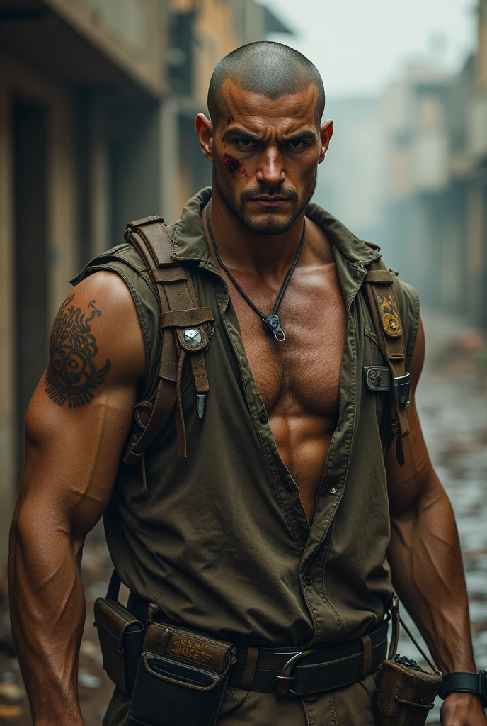 a tall young man, muscular very masculine, with a very visible knife scar on his face, blacksad, eyes browns, baldie, using old, worn-out post-war clothes no older than 20 years