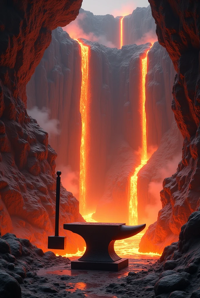 Hollowed out Volcanic mountain flowing lava falls blacksmith forge inside the mountain Anvil blacksmith hammer no people 