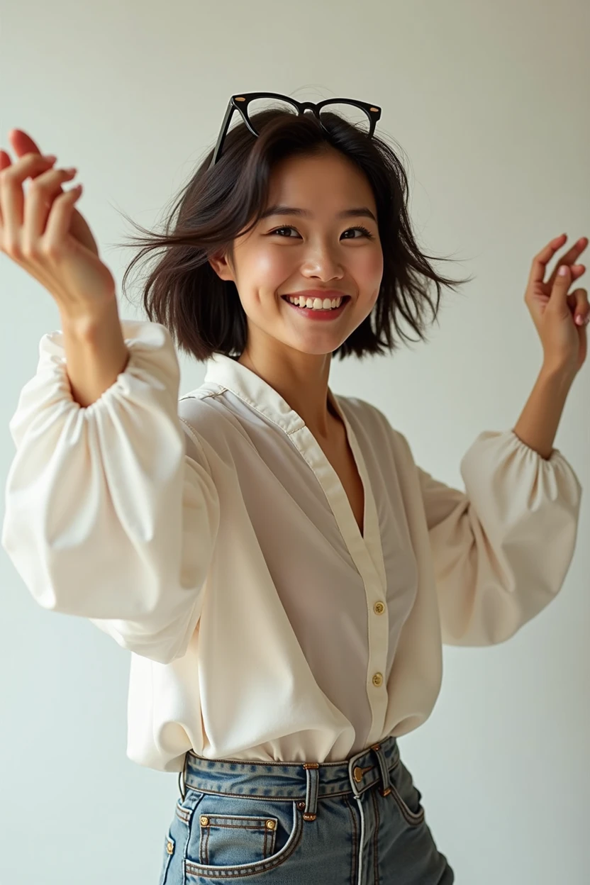Asian woman, dancing, eyes looking straight, smiling, short hair, glasses on hair, sharp images, obvious