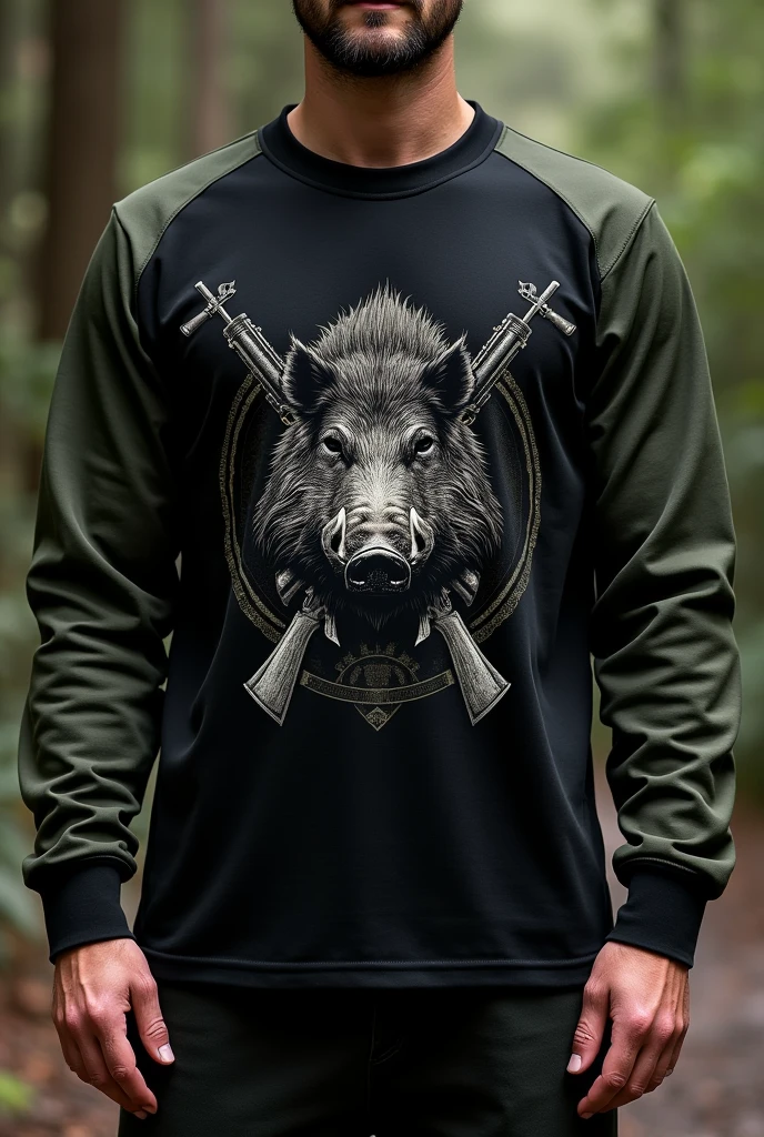 BLACK LONG SLEEVE MILITARY T-SHIRT WITH DARK GREEN SLEEVES WITH AN IMAGE OF A BOAR AND RIFLES 