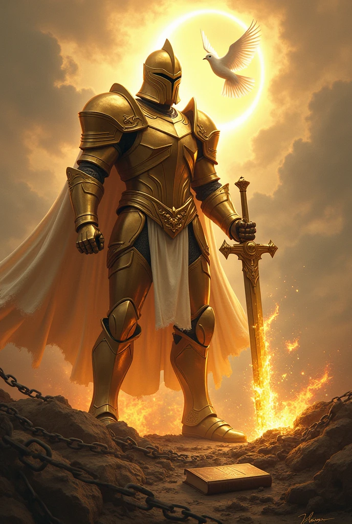 fund: WITH A LIGHT FROM THE SKY a battle landscape, to create a sense of conflict and intensity.

soldier: At the center, a soldier in shining GOLD COLOR armor, with shimmering metallic details. Armor must be detailed and imposing, reflecting light to create a glowing effect.

elsword: The soldier is holding a sword firmly, and the blade should look sharp and powerful. The sword may be cutting chains that are falling apart around it.. Chains can be represented with iron details, some breaking or falling apart.

chains: The mooring chains may be visibly breaking or being cut by the sword. You can show some of them falling to the ground and others still partially attached., to emphasize the act of liberation.

Additional Elements:A HOLY SPIRIT DOVE FLYING with a lot of light around the dove Depending on the style you want, you can add details like glow around the sword, sparks of energy, or a subtle shine on the armor to increase the visual impact. A BIBLE ON THE FLOOR 