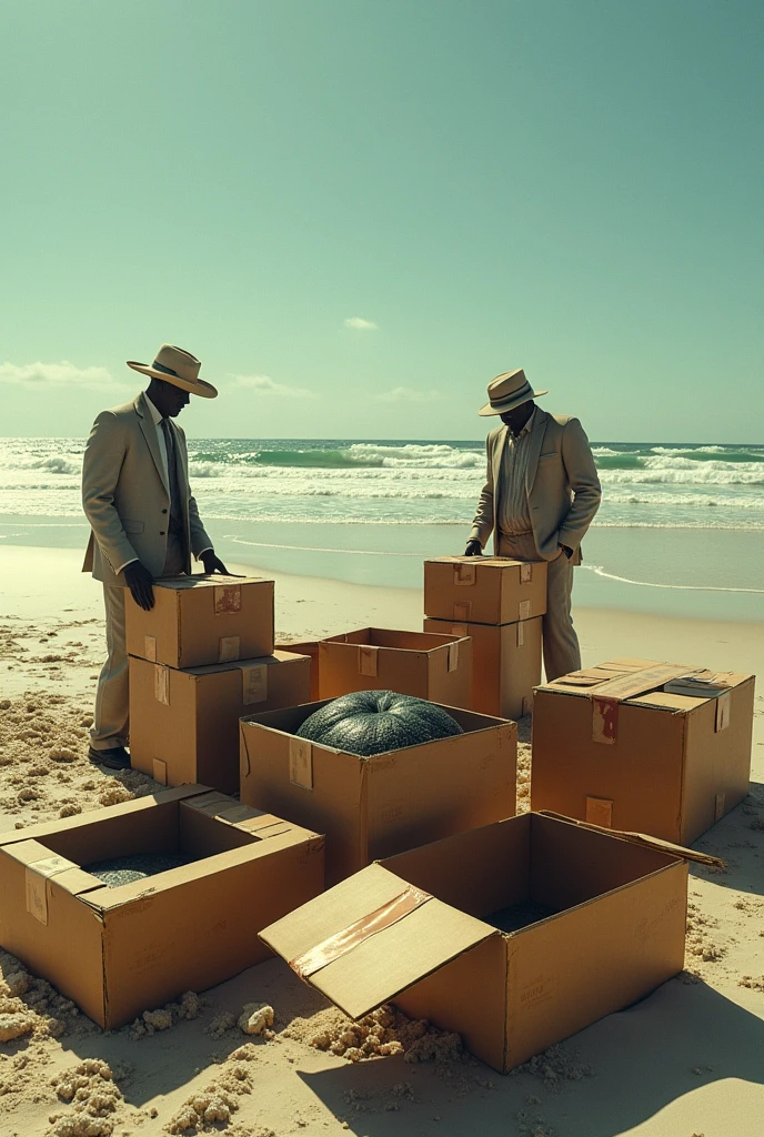 Open boxes of marijuana, alongside boxes sealed with duct tape on a beautiful Texas beach