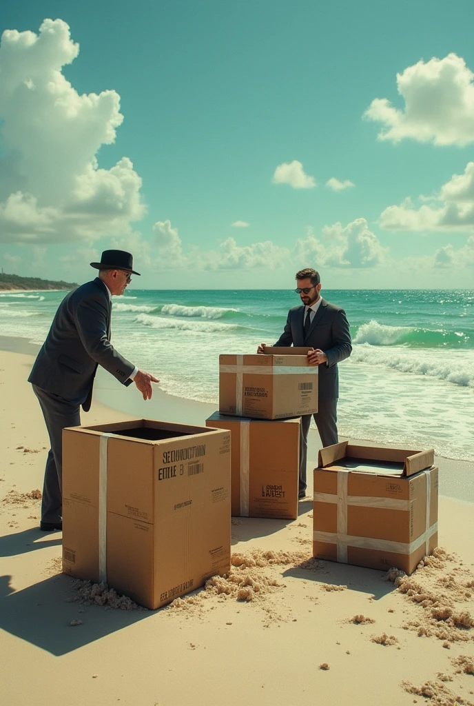 Open boxes of marijuana, alongside boxes sealed with duct tape on a beautiful Texas beach
