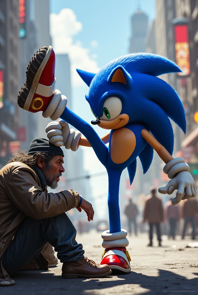 sonic fisherman kicking a beggar
