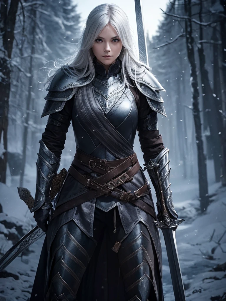 Nordic woman in dark armor and sword  