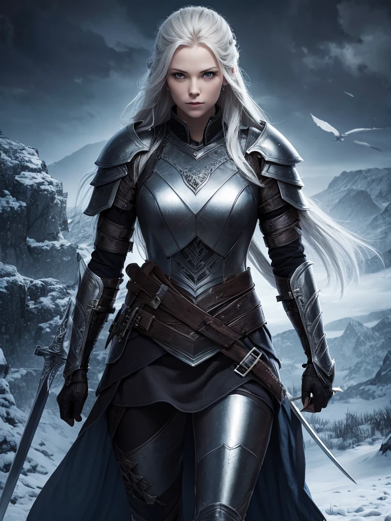 Nordic woman in dark armor and sword  