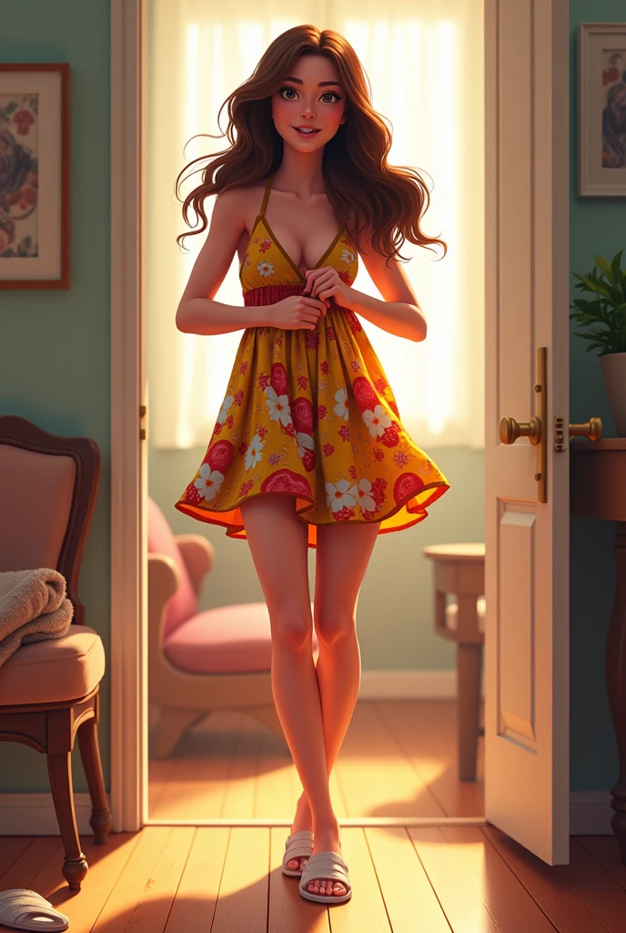Create an image of Tati hurrying and changing clothes to go buy the chicken cones