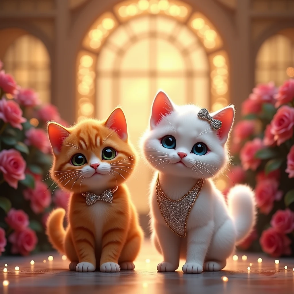 Aicat, an orange , cubby cat and Snowbell, white cat with blue eyes arriving at the prom venue, Snowbell in a shimmering silver dress. The ballroom is decorated with festive lights and roses. Capture the grandeur and festive atmosphere with a glamorous, polished style.