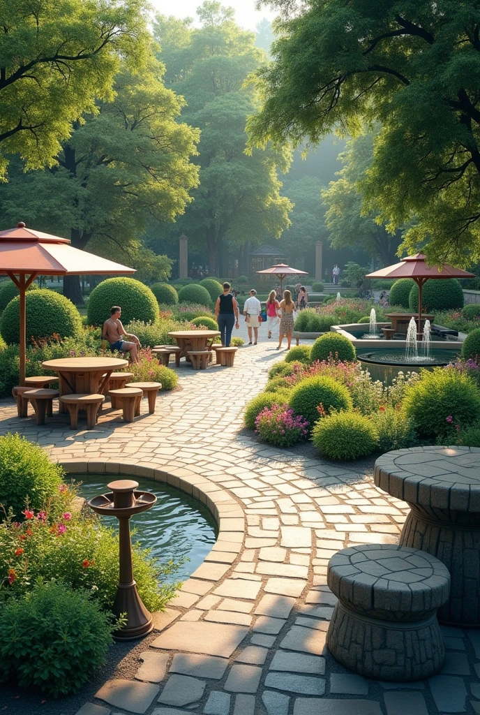 gardens e Áreas de Convivência:**
   - **gardens:** Stone paths winding through manicured gardens, with small fountains and various flowers.
   - **Rest areas:** Wooden tables and chairs arranged under trees, creating cozy living spaces.