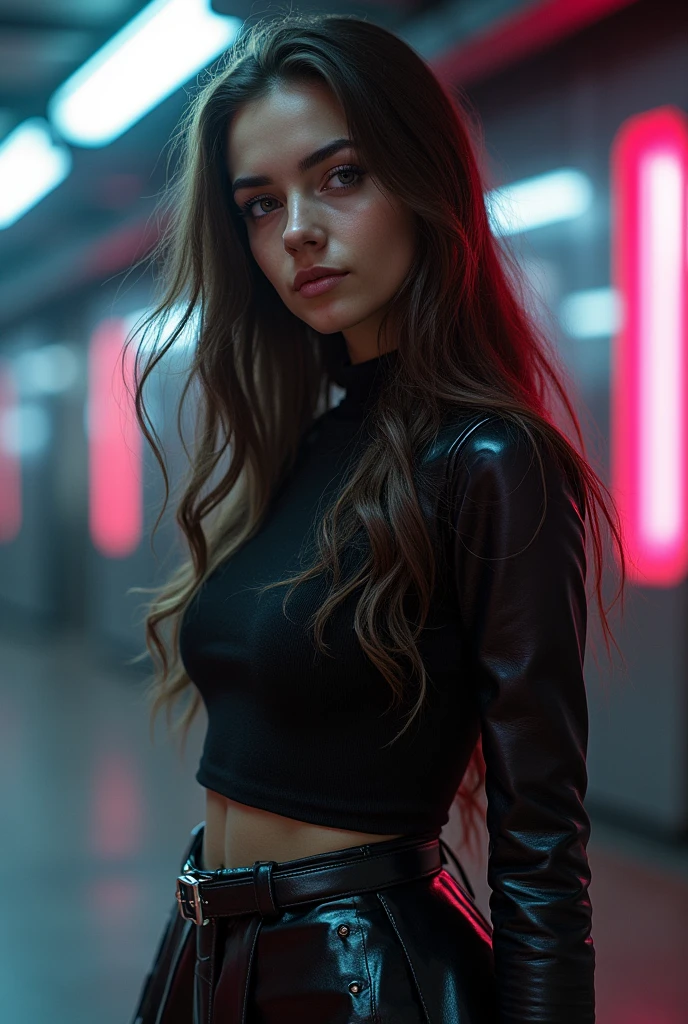 Femme de 18 ans, style francais longs cheveux brune cyberpunk, vêtements jupe HD, tout le corps,