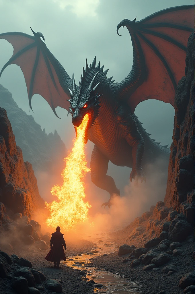 Dragon standing over a dead Elephant while shoting flames from his nose in a burning forest  