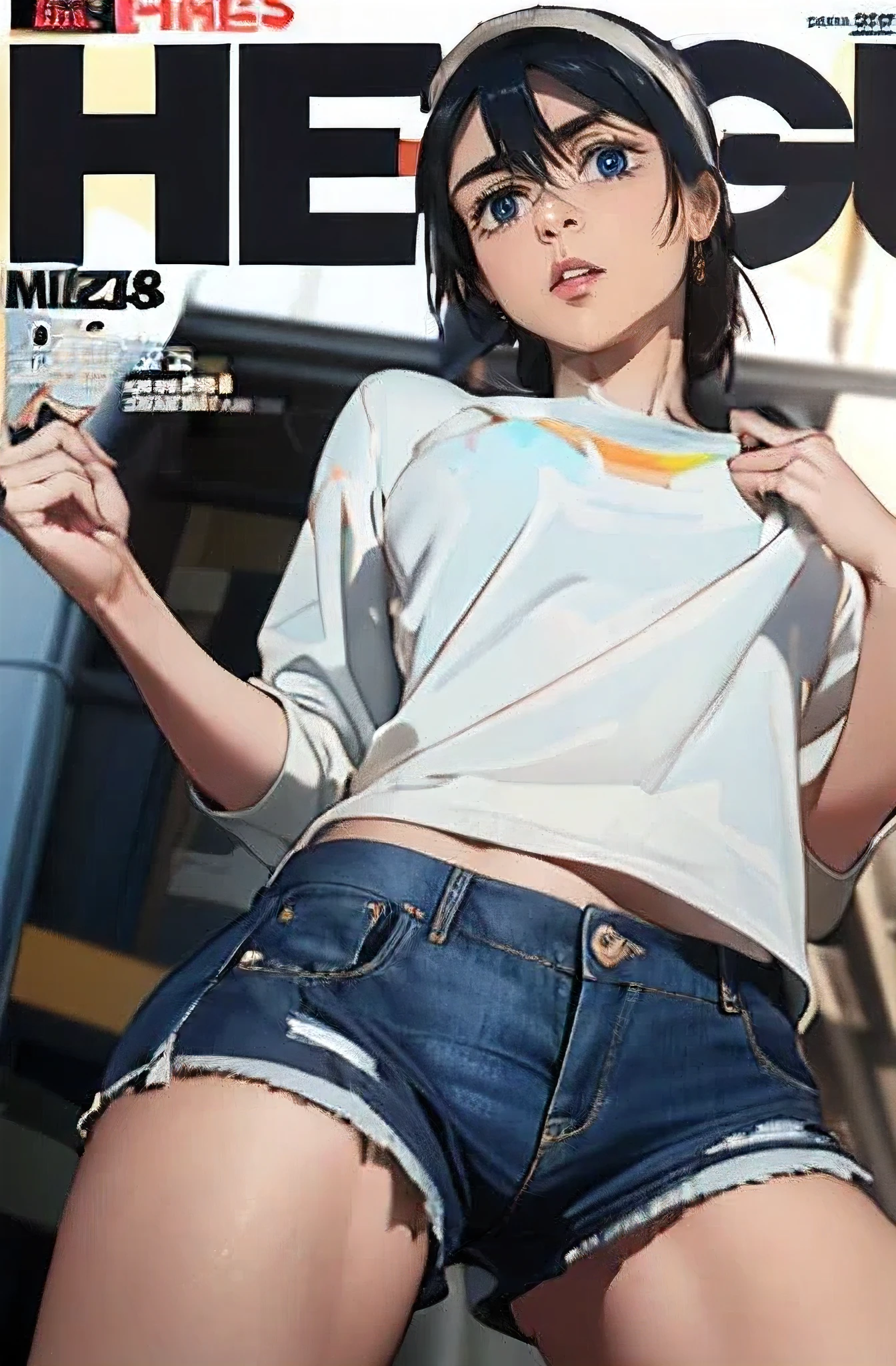 (((Magazine cover, issue 18、Big Titles、Many headlines)))、(A woman wearing low-cut shorts and showing her pubic hair)、Leg spread、Angle from below、(Droopy eyes、round face)、Realistic Skin、Mr.々Patterned shirt and jean shorts、Shorts and hoodie、sneakers、Downtown alley、smile、Earrings