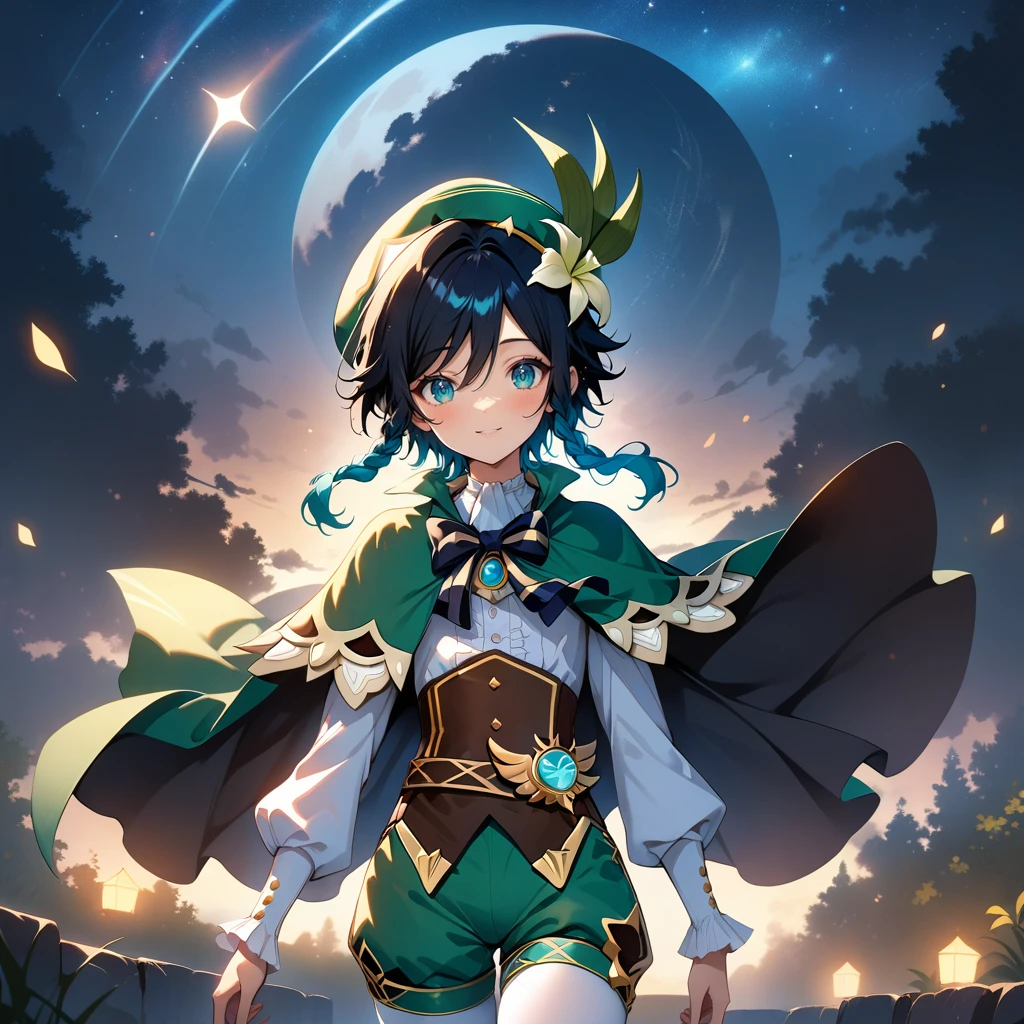 (best quality,4k,8k,highres,masterpiece:1.2),1boy,venti_\(genshin_impact\),(face focus,detailed face and clear eyes),flat chest,realistic:.5,night time,ladyshadow,bluegreen eyes,mysterious smile,green cape,white long sleeved shirt,leather corset,(puffy green shorts),(plain white tights),green hat, dark night scene, starry sky with silver moon,dark,low light,deep blue lighting,