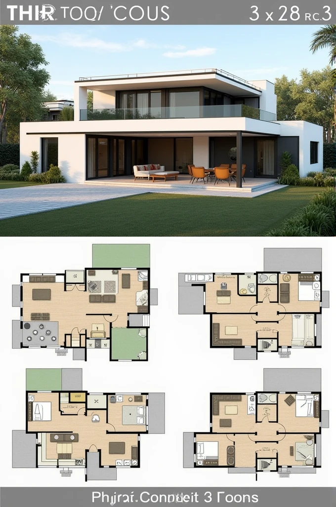 Create a house with an elegant and modern design, with neutral colors, 2-storey, that has 3 rooms, 2 bathrooms, 1 kitchen, 1 living room, 1 basement and a patio 