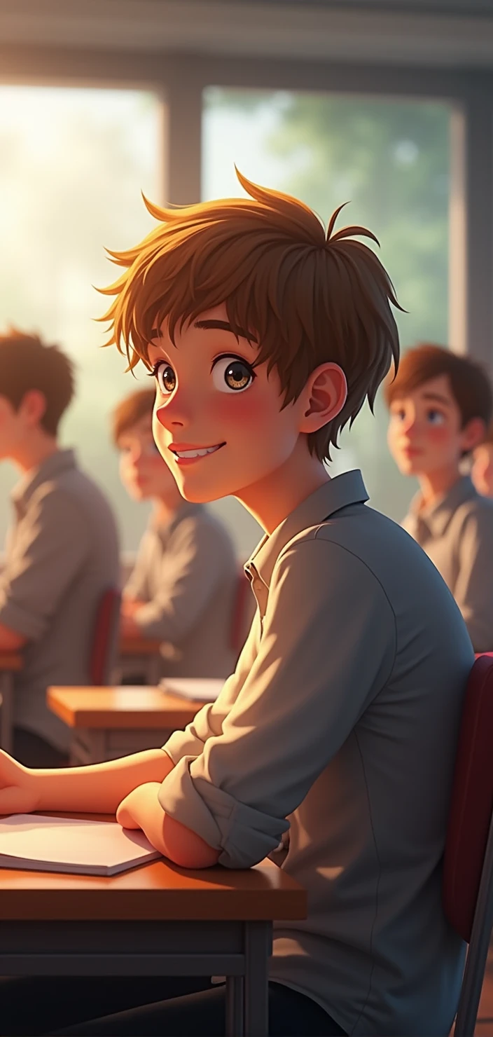 fund: school room, with students behind, one men, YOUNG MAN, IN PROFILE IN PROFILE LOOKING FORWARD FORWARD light brown hair, clear eyes, SMILING SMILING SMILING sitting in a chair, the chair in front of him empty, THE CHAIR IN FRONT OF THE MAN IS EMPTY EMPTY EMPTY EMPTY