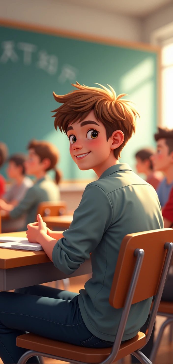 fund: school room, with students behind, one  men, YOUNG MAN, IN PROFILE IN PROFILE LOOKING FORWARD FORWARD light brown hair, clear eyes, SMILING SMILING SMILING sitting in a chair, the chair in front of him empty, THE CHAIR IN FRONT OF THE MAN IS EMPTY EMPTY EMPTY EMPTY