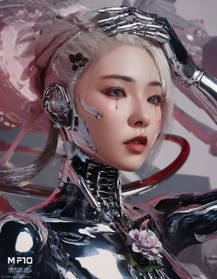 An extraordinarily detailed close-up portrait of an android-human hybrid K-pop idol, showcasing her striking Skell cyberpunk appearance. Her face is adorned with intricate mechanical implants, while her white hair has a subtle pink hue. She bite a flower, her cyborg hand covered her eyes, high contrast, upscale sharpness, reflective environtment, unreal engine, space cyborg japan style. Wear anthena, cyborg mouth ,The background features a soft, dreamy style, contrasting with her metallic and glossy chrome features. This captivating image was expertly captured with a Fujifilm XT-10 camera, delivering an ultra-high 8K resolution for breathtaking detail. The hyper-realistic photo exhibits the skill of award-winning photography.