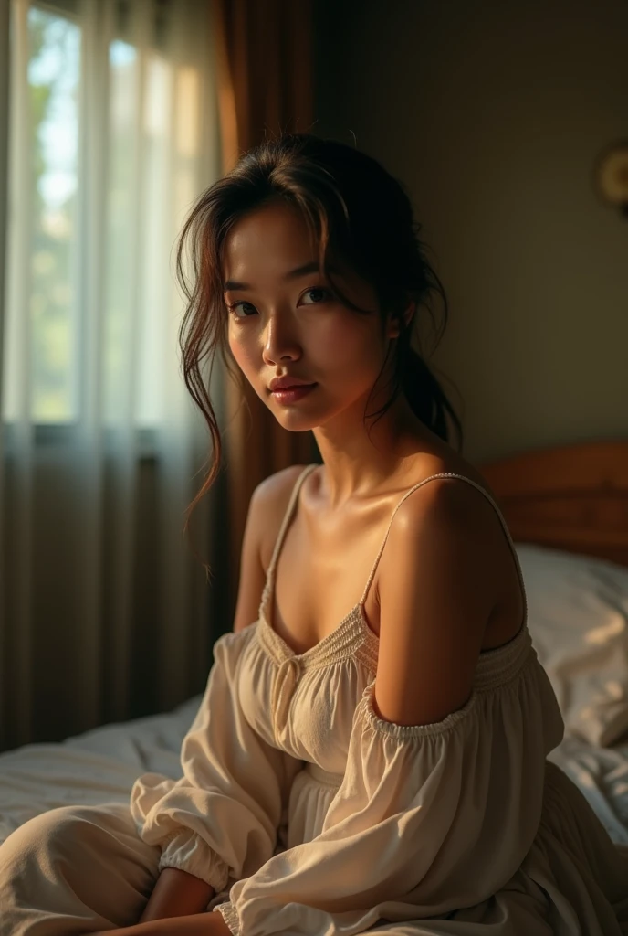 a beautiful indonesian woman, slightly chubby, wearing open shoulder housedress, messy hair, look at the viewer, natural light, realistic photography, wide angle shot, detailed facial features, intricate clothing folds, soft lighting, warm color tones, atmospheric bedroom setting, photorealistic, cinematic composition, high quality, 8k, masterpiece