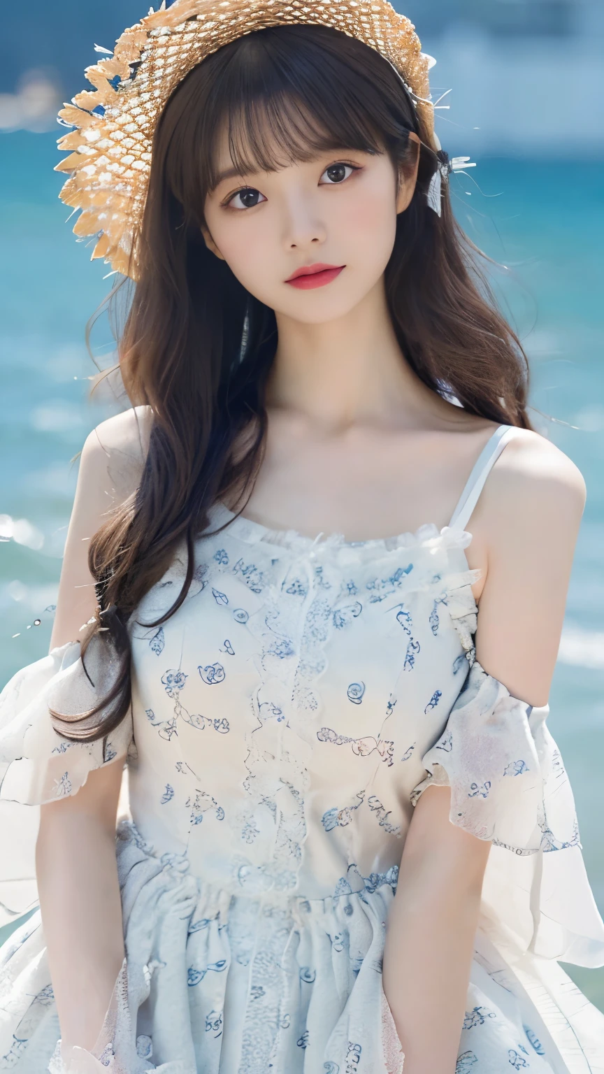 wide shot,((full body))black hair,seaside,sea,flower_dress,(1 beautiful Japanese idol, 20 years old), perfect body, Detailed beautiful delicate face, Detailed beautiful delicate eyes and eye highlights, Very thin and delicate eyelashes that are not too long, (finely detailed beautiful blown big eyes and detailed face), natural makeup, slender face, (lustrous skin, realistic detailed skin), (looking at viewer:1.2),masterpiece, (best quality:1.2), 8k, RAW photo, (Realistic, hyper realistic, photorealistic:1.3), Ultra High Res, intricate details, ultra detailed, High quality texture, distinct image