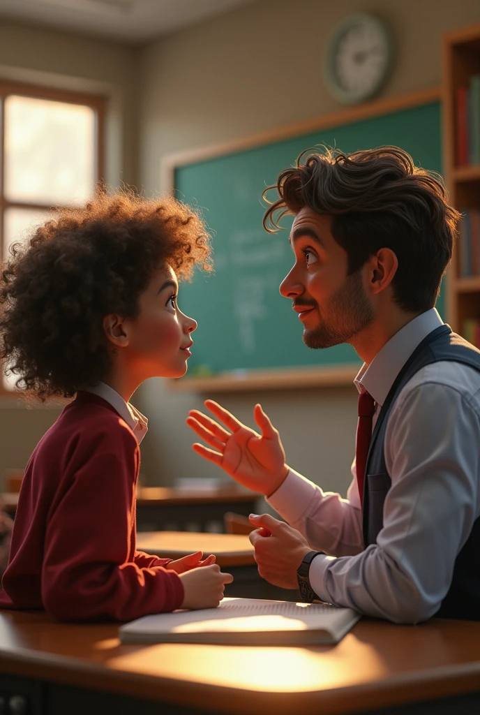 teacher talking to a student with curly hair in a classroom