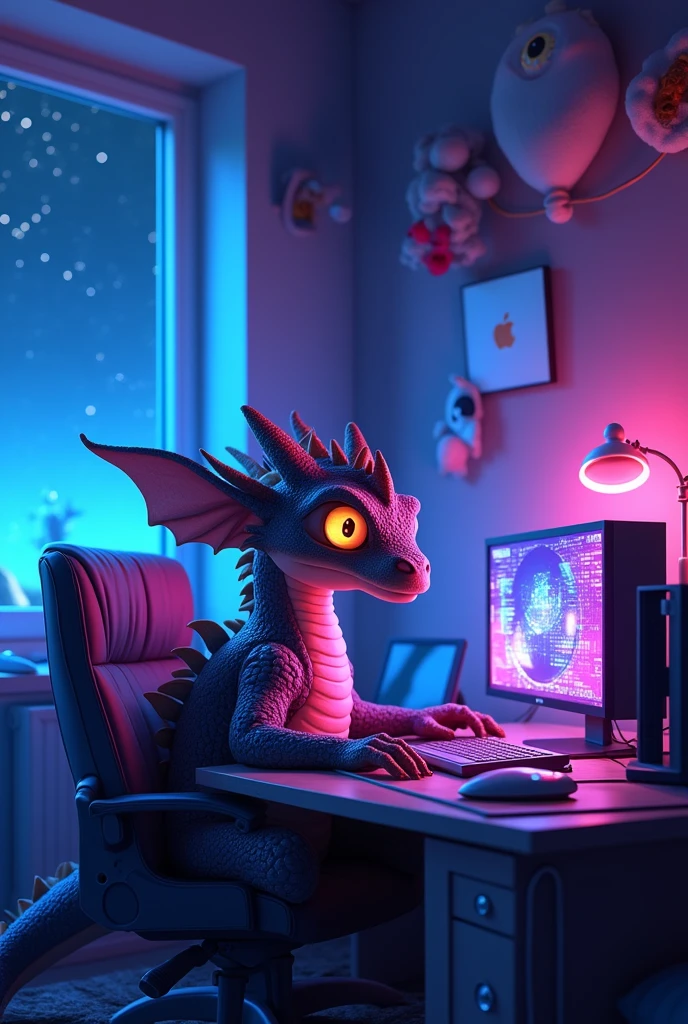 An animated dragon is in its bedroom, surrounded by multiple computers and tech gadgets. The room is illuminated with vibrant neon lights in shades of blue, purple, and pink, creating a futuristic and cozy atmosphere. Through the window, you can see it's nighttime, with a starry sky and a hint of the moon. The dragon looks focused, perhaps working or gaming, with screens reflecting in its eyes. The overall scene feels both high-tech and magical.