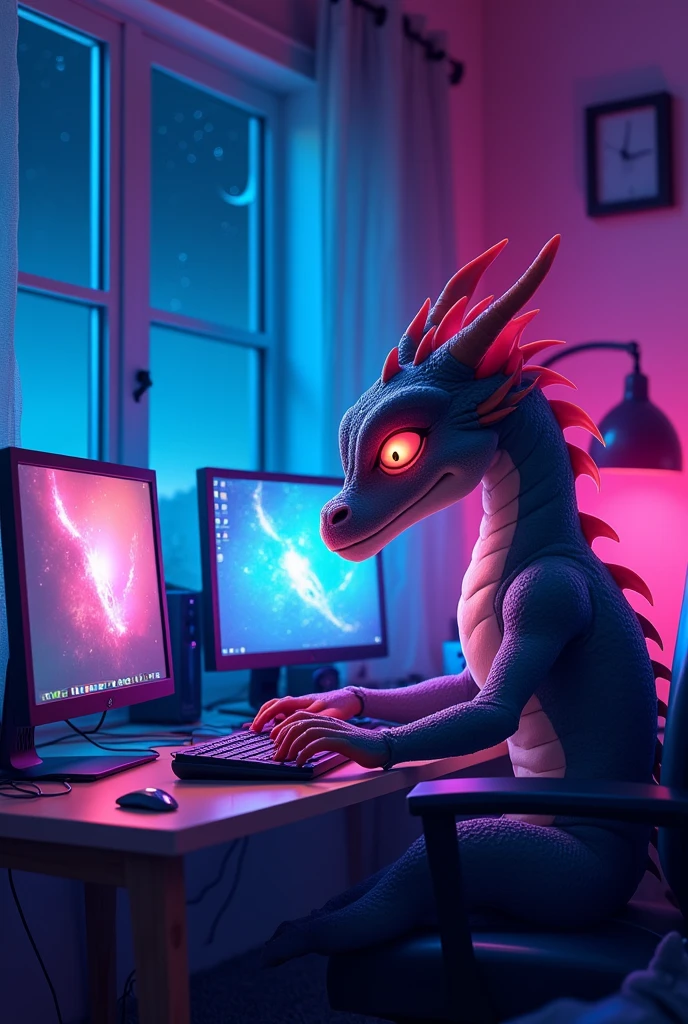 An animated dragon is in its bedroom, surrounded by multiple computers and tech gadgets. The room is illuminated with vibrant neon lights in shades of blue, purple, and pink, creating a futuristic and cozy atmosphere. Through the window, you can see it's nighttime, with a starry sky and a hint of the moon. The dragon looks focused, perhaps working or gaming, with screens reflecting in its eyes. The overall scene feels both high-tech and magical.